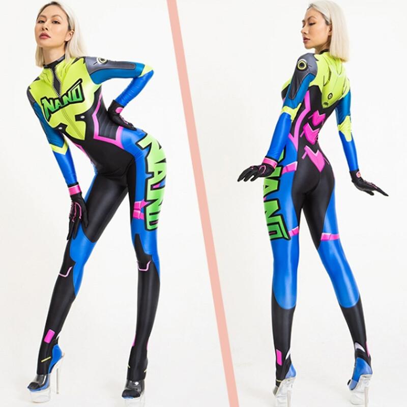 Women Oil Shiny Cosplay Costume One Piece Jumpsuit Long Sleeve Bodysuit Swimwear