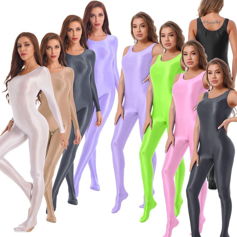 Women Oil Shiny Glossy Bodystocking Tights Transparent Bodysuit Catsuit Unitard
