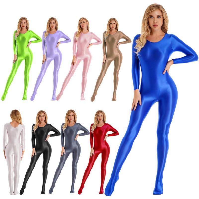 Women Oil Shiny Glossy Bodystocking Tights Transparent Bodysuit Catsuit Unitard