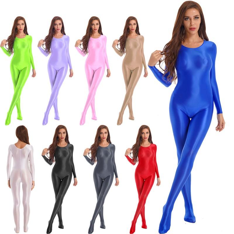 Women Oil Shiny Glossy Bodystocking Tights Transparent Bodysuit Catsuit Unitard