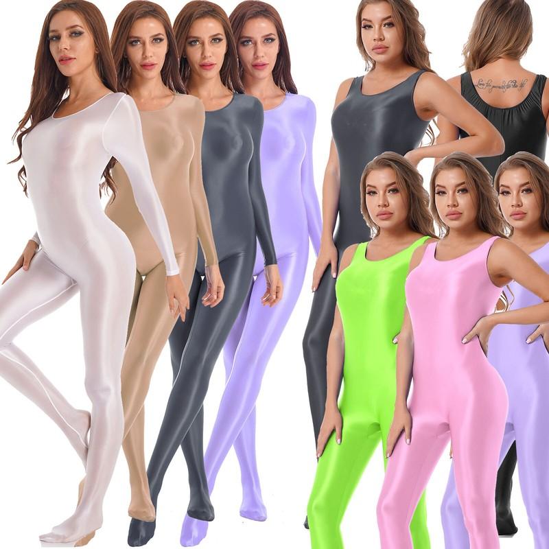 Women Oil Shiny Glossy Bodystocking Tights Transparent Bodysuit Catsuit Unitard