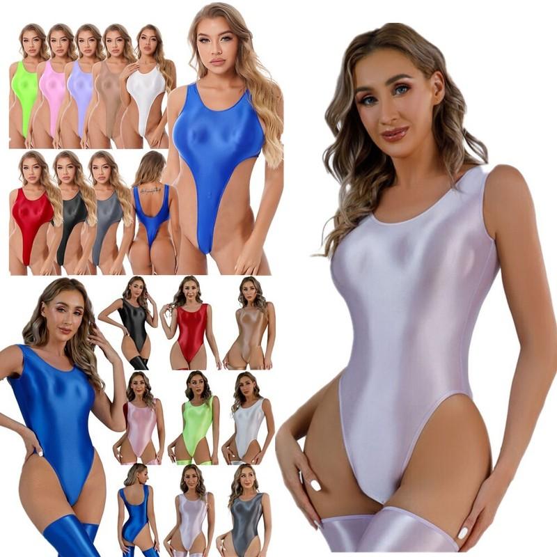 Women One-piece Bodysuit Shiny High Cut Thong Jumpsuit Leotard Swimwear Beach