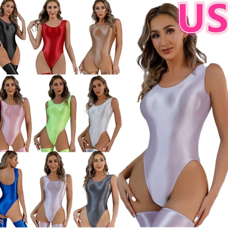 Women One-piece Bodysuit Shiny High Cut Thong Jumpsuit Leotard Swimwear Beach