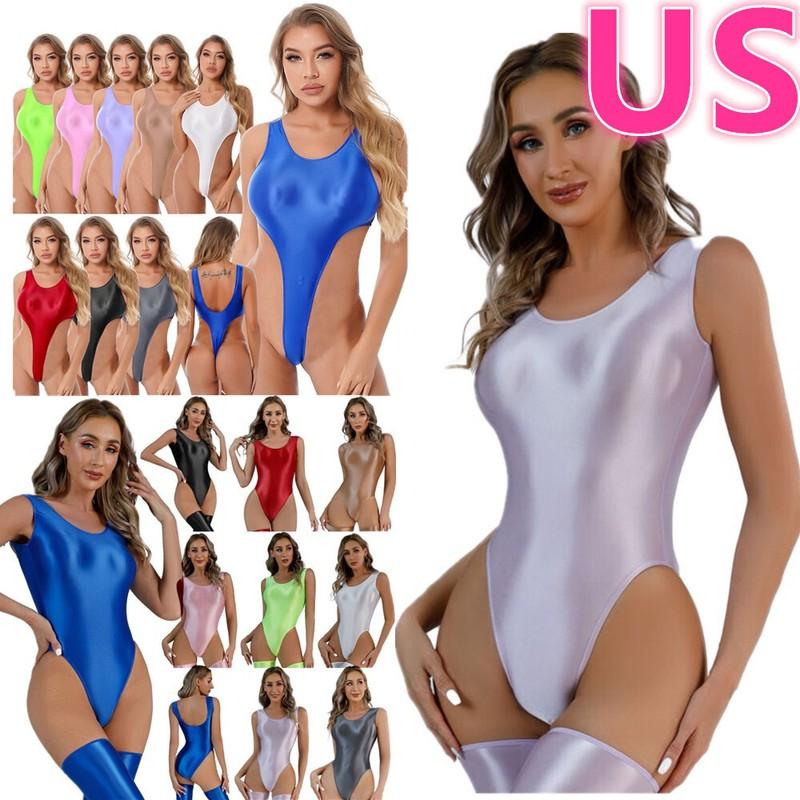 Women One-piece Bodysuit Shiny High Cut Thong Jumpsuit Leotard Swimwear Beach