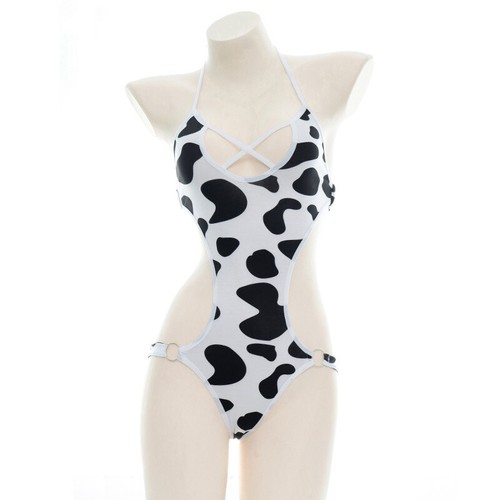 Women One-piece Cow Print Swimsuit Lingerie Backless Bikini Sleepwear Underwear