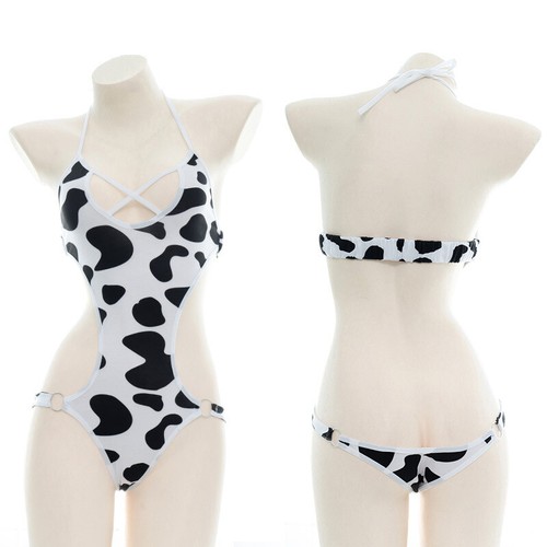 Women One-piece Cow Print Swimsuit Lingerie Backless Bikini Sleepwear Underwear