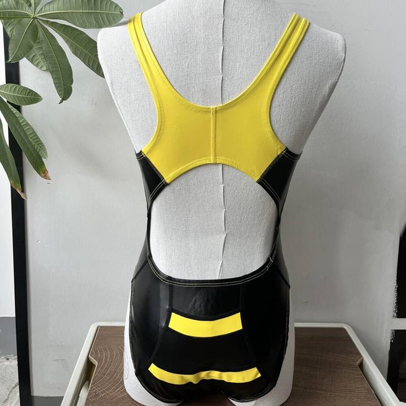 Women One Piece Swimwear Japanese Sukumizu Activewear Sport PU Leather Swimsuit