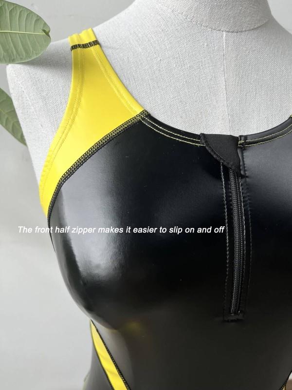 Women One Piece Swimwear Japanese Sukumizu Activewear Sport PU Leather Swimsuit