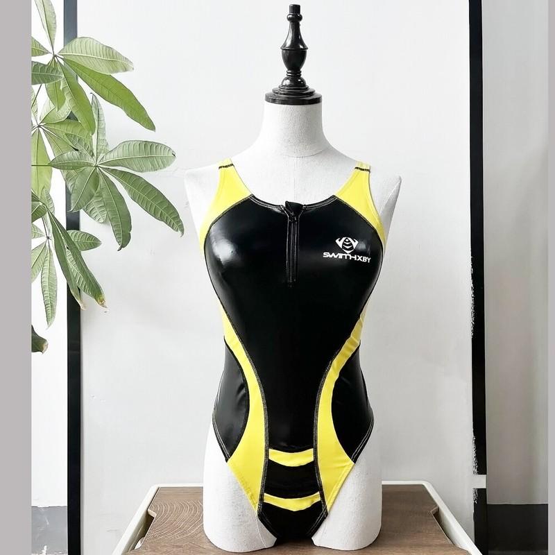 Women One Piece Swimwear Japanese Sukumizu Activewear Sport PU Leather Swimsuit