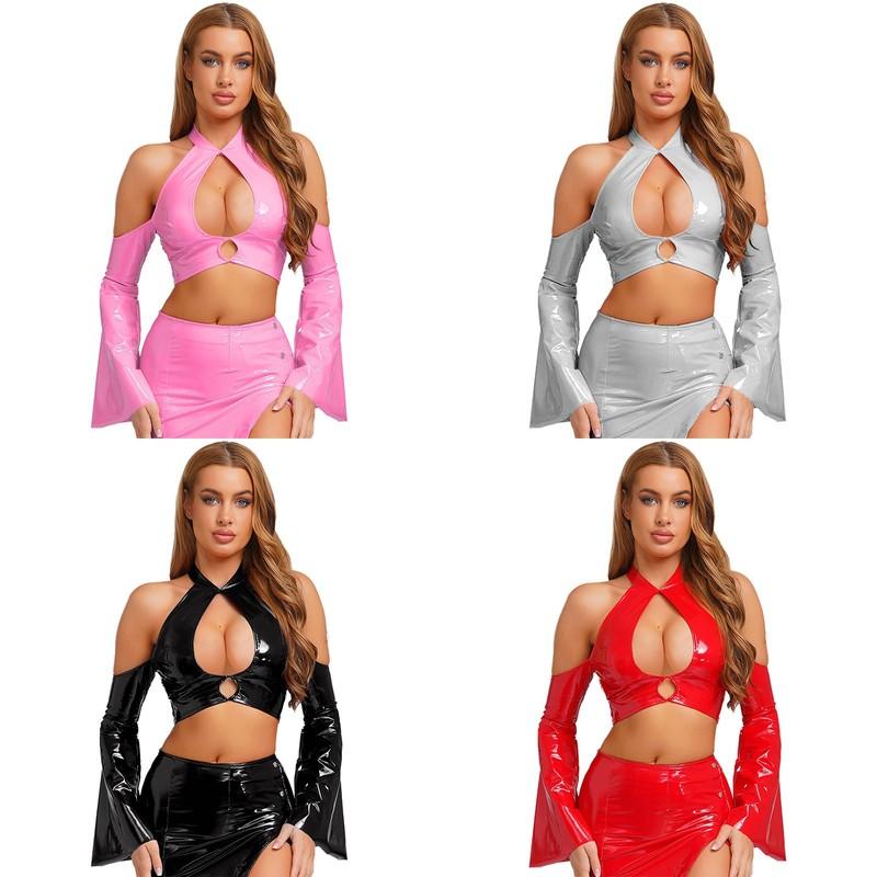 Women Partywear Solid Color Top Party Tank Metallic T-Shirt Rave Costume PU