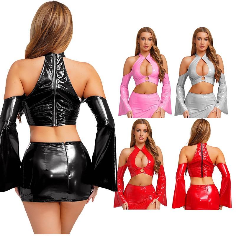 Women Partywear Solid Color Top Party Tank Metallic T-Shirt Rave Costume PU