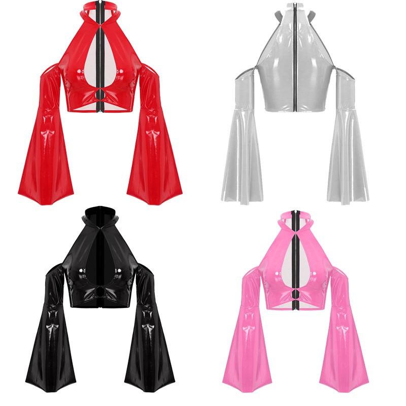 Women Partywear Solid Color Top Party Tank Metallic T-Shirt Rave Costume PU