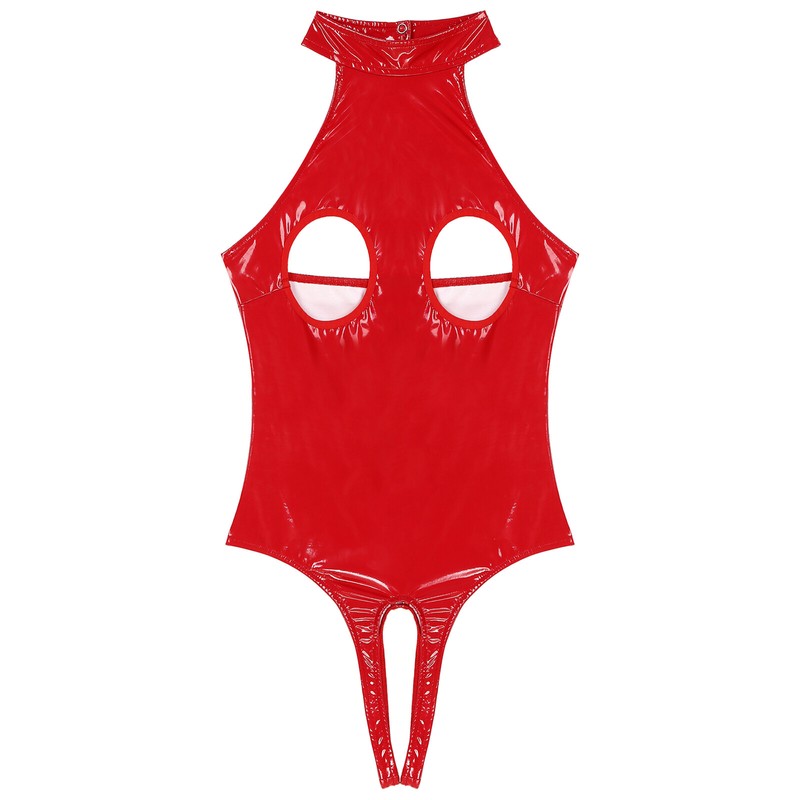 Women Patent Leather Bodysuit Open Crotch Cupless Latex Halter Catsuit Teddy