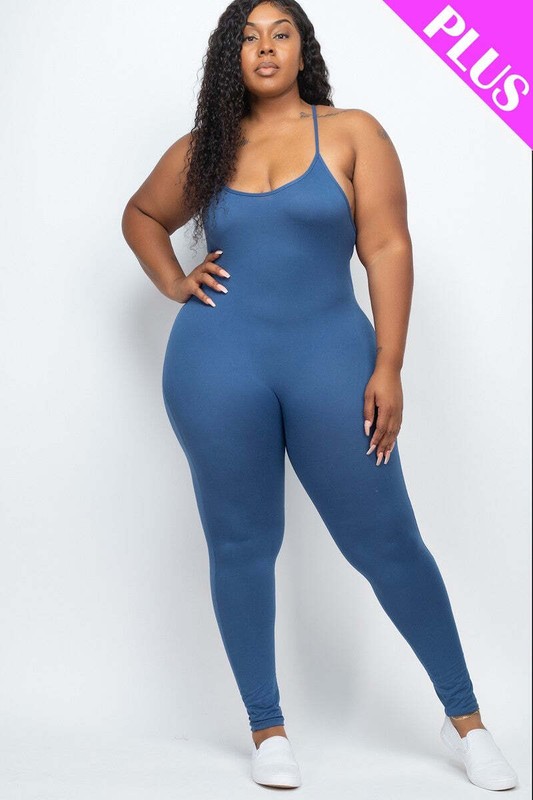 Women Plus Scoop Neck Bodycon Cami Jumpsuit Sleeveless Yoga Lounge (1X 2X 3X)