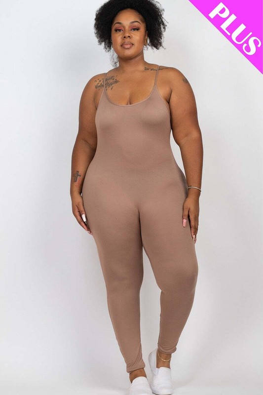 Women Plus Scoop Neck Bodycon Cami Jumpsuit Sleeveless Yoga Lounge (1X 2X 3X)