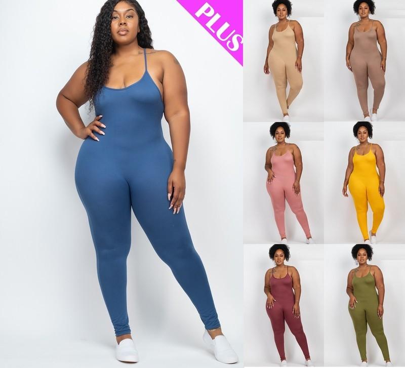 Women Plus Scoop Neck Bodycon Cami Jumpsuit Sleeveless Yoga Lounge (1X 2X 3X)