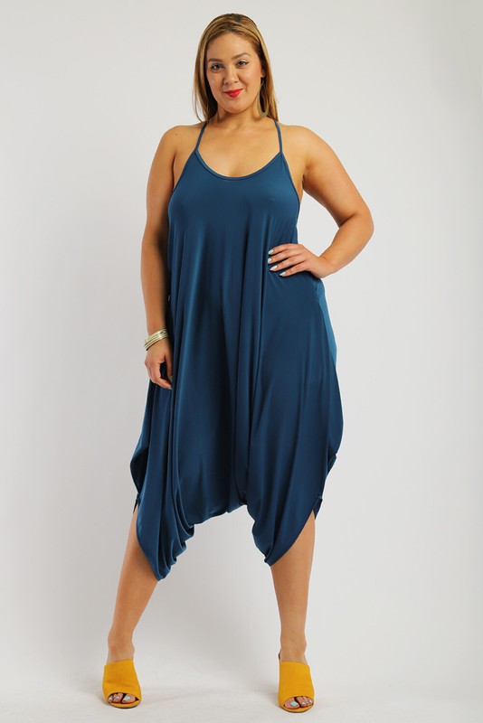 Women Plus Size Spaghetti Strap Scoop Neck Harem Jumpsuit - Made in USA