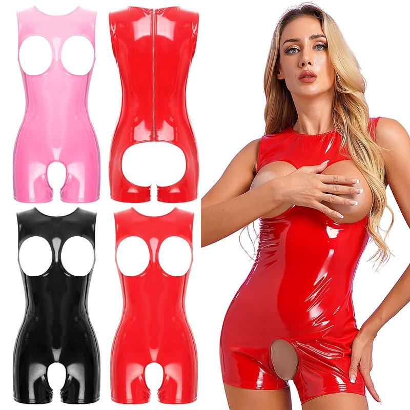 Women PVC Leather Bodysuit Cupless Open Butt Bodycon Leotard Lingerie Jumpsuit