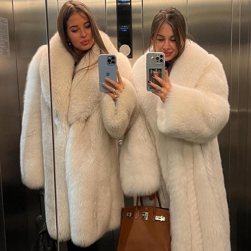 Women Real Blue Fox Fur Coat Natural Full Pelt Lapel Jacket Winter Long Overcoat