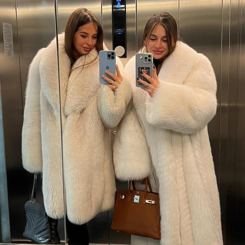 Women Real Blue Fox Fur Coat Natural Full Pelt Lapel Jacket Winter Long Overcoat