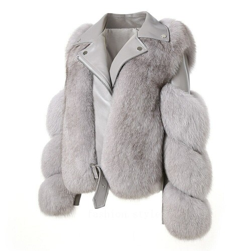Women Real Fox Fur Jackets Winter Fashion Leather Coats Lambskin Outwear Sz
