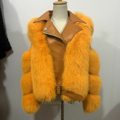 Women Real Fox Fur Jackets Winter Fashion Leather Coats Lambskin Outwear Sz