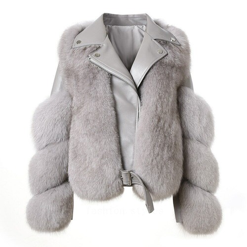 Women Real Fox Fur Jackets Winter Fashion Leather Coats Lambskin Outwear Sz