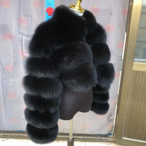 Women Real Fur Cropped Stand Collar Coat Warm Jacket Winter Outwear Streetwear