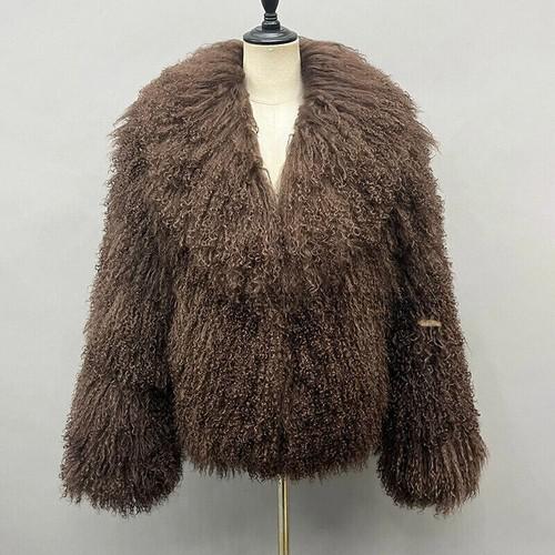 Women Real Mongolian Fur Coat Turn Down Collar Warm Real Fur Jacket Outwear Hot