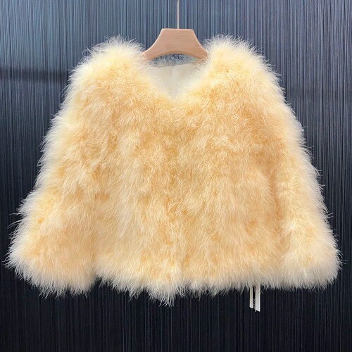 Women Real Ostrich Fur Coat Natural Fluffy Turkey Feather Jacket Warm Outerwear