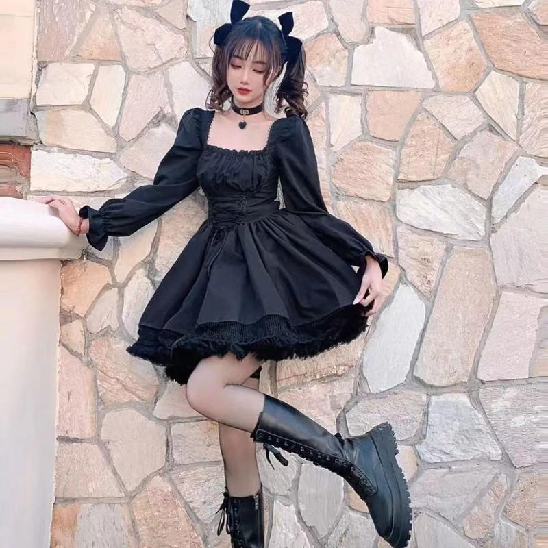Women Retro Gothic Lolita Cute Dress Girl Ruffle White Puff Sleeve Dress Cosplay