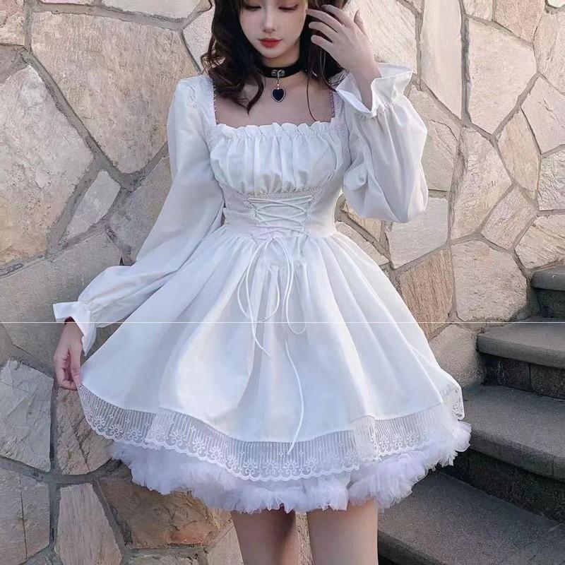 Women Retro Gothic Lolita Cute Dress Girl Ruffle White Puff Sleeve Dress Cosplay