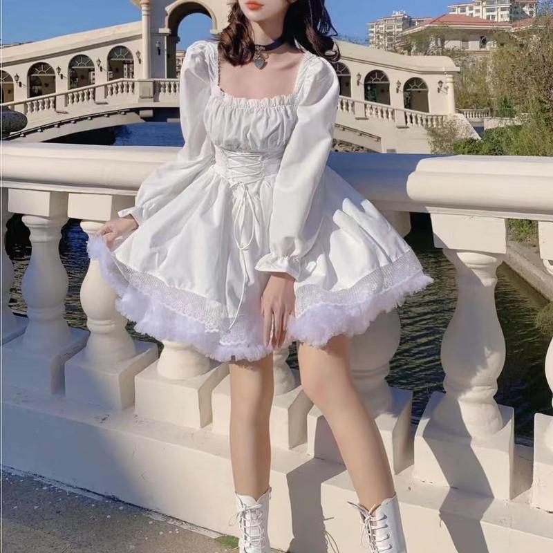 Women Retro Gothic Lolita Cute Dress Girl Ruffle White Puff Sleeve Dress Cosplay