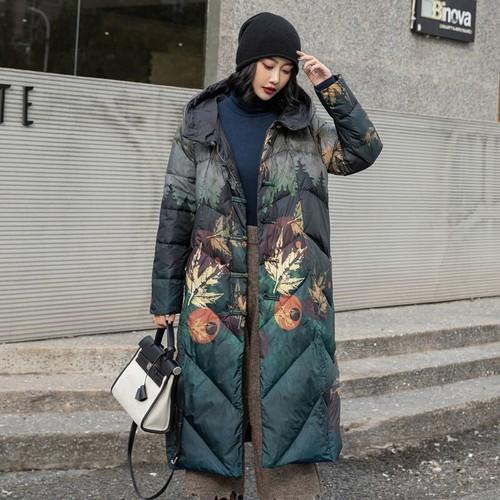 Women Retro Winter Hooded Down Jacket Warm Ethnic Floral Print Long Coat Outwear