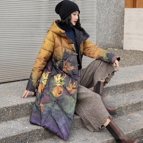 Women Retro Winter Hooded Down Jacket Warm Ethnic Floral Print Long Coat Outwear