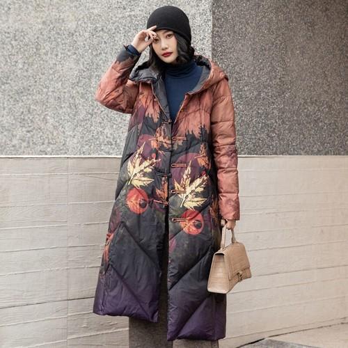 Women Retro Winter Hooded Down Jacket Warm Ethnic Floral Print Long Coat Outwear