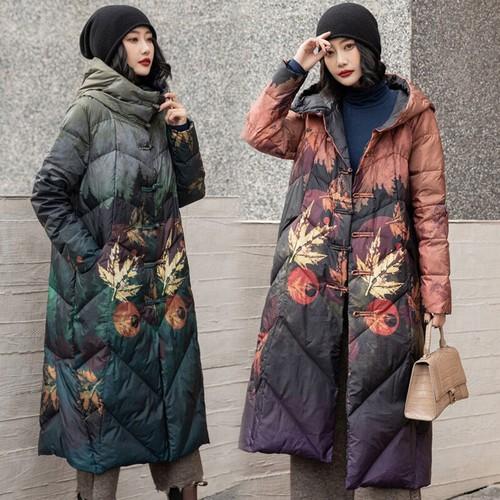 Women Retro Winter Hooded Down Jacket Warm Ethnic Floral Print Long Coat Outwear