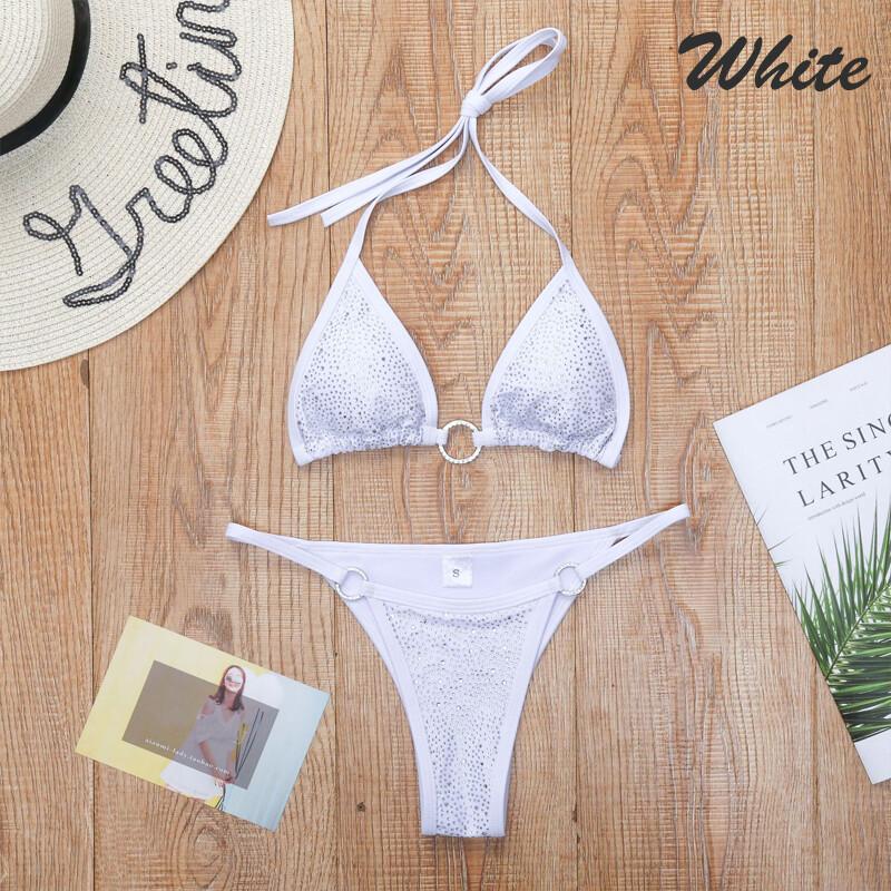 Women Rhinestone Swimsuit Crystal Diamond Ring Bikini Bandage Female Swimwear