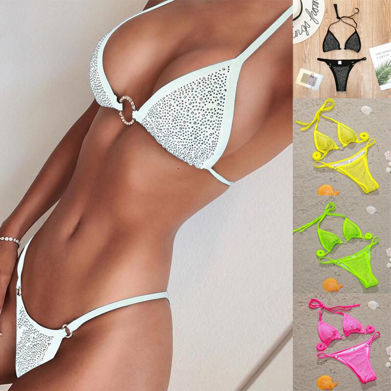 Women Rhinestone Swimsuit Crystal Diamond Ring Bikini Bandage Female Swimwear