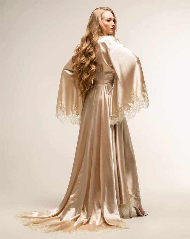 Women Robe Champagne V Neck Long Sleeves Silk Sleepwear Gown