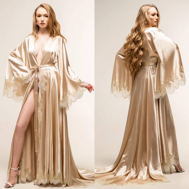 Women Robe Champagne V Neck Long Sleeves Silk Sleepwear Gown