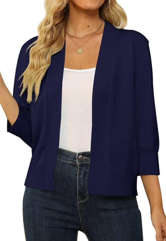 Women's 3/4 Sleeve Knitted Cropped Cardigan Sweater Short Shrugs Cardigan Solid