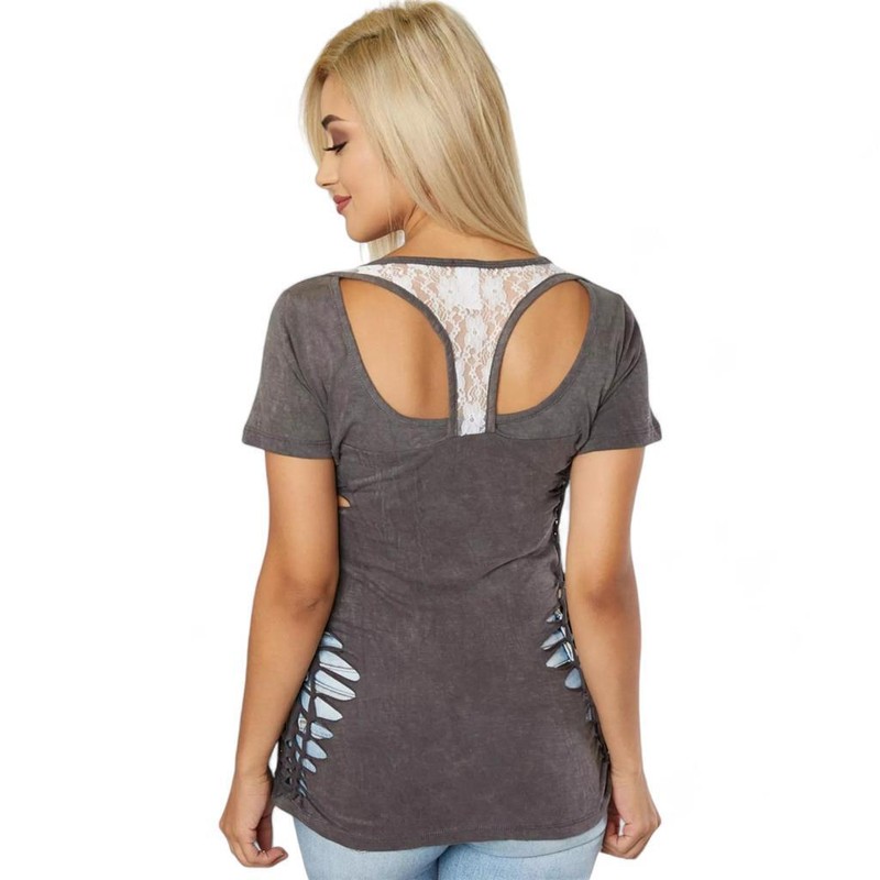 Women's Affliction Angelica Charcoal Lava Wash Lace Rhinestone Y2K T-Shirt XS-XL