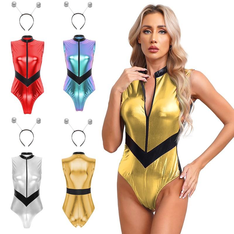 Women's Alien Bodysuit With Hair Hoop Costume Space Astronaut Catsuit Outfits
