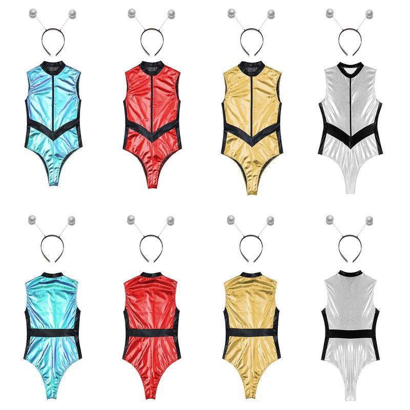 Women's Alien Bodysuit With Hair Hoop Costume Space Astronaut Catsuit Outfits