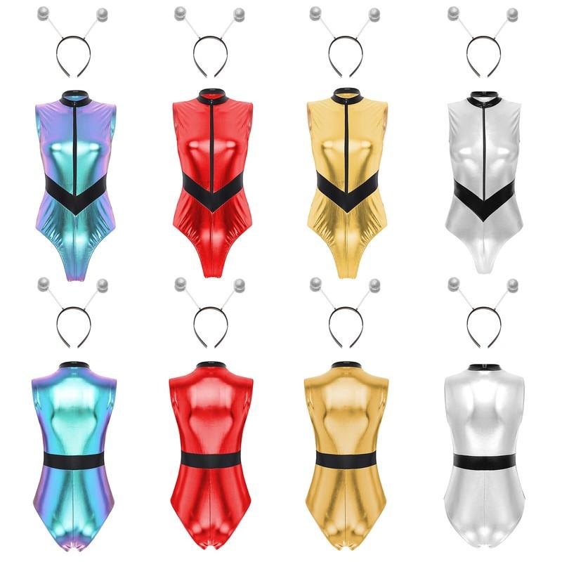 Women's Alien Bodysuit With Hair Hoop Costume Space Astronaut Catsuit Outfits