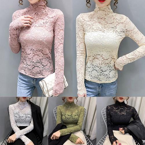 Women's All Over Sheer Lace Long Puff Sleeve Top Stretch Solid Mock Neck T-shirt