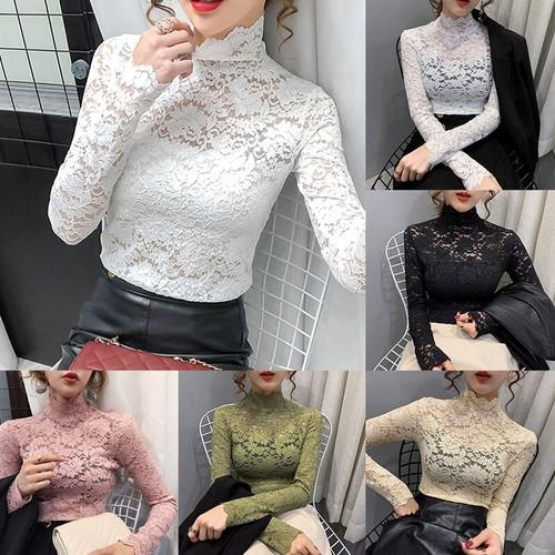 Women's All Over Sheer Lace Long Puff Sleeve Top Stretch Solid Mock Neck T-shirt