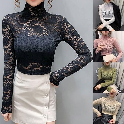 Women's All Over Sheer Lace Long Puff Sleeve Top Stretch Solid Mock Neck T-shirt