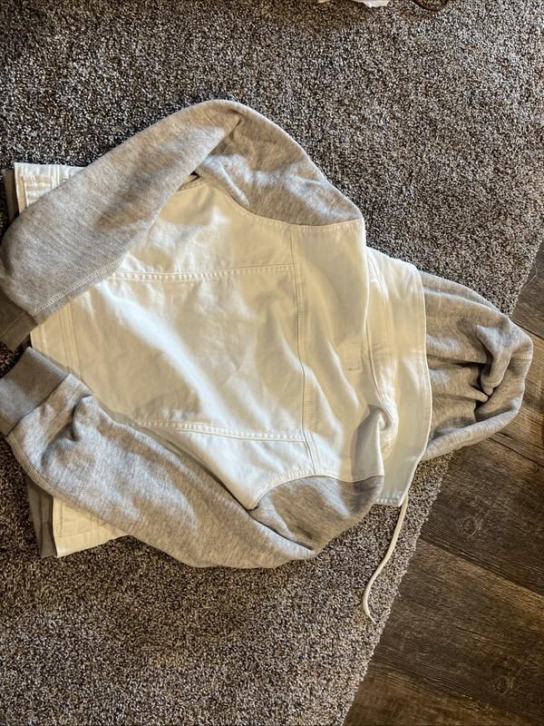 Women’s American Eagle Denim Jean Jacket Sweatshirt Hoodie Size S White Gray